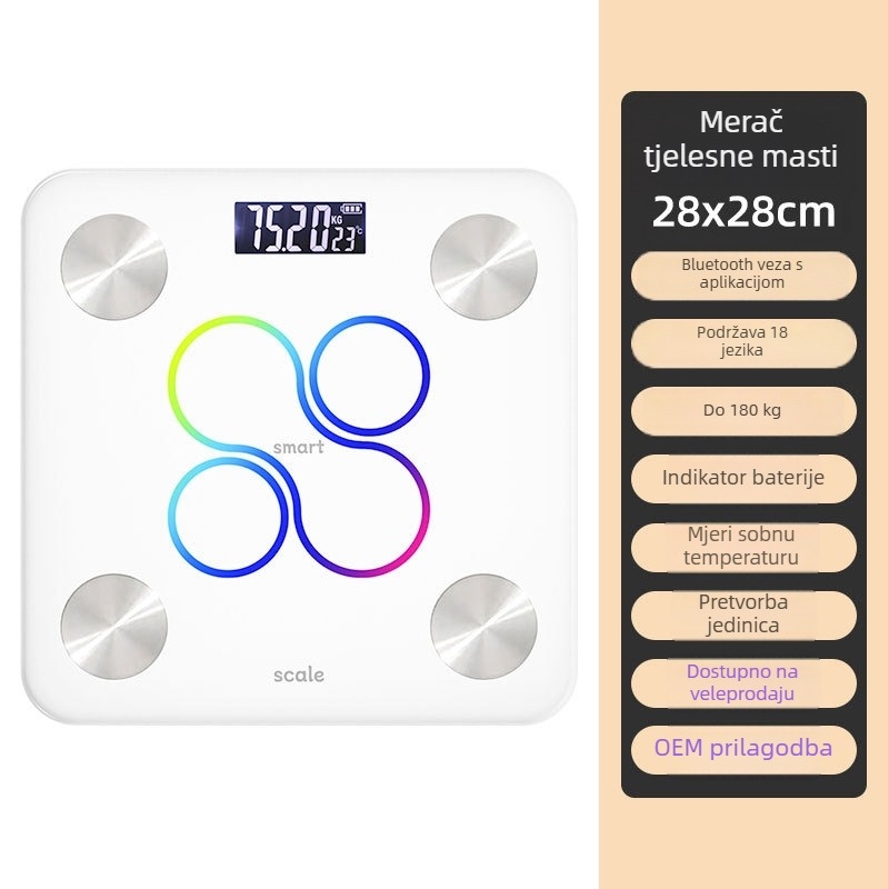 Vaga za tjelesnu masu s Bluetoothom; mjerenje tjelesne mase i masnoća; maksimalna nosivost 180 kg; napajanje USB/2xAAA