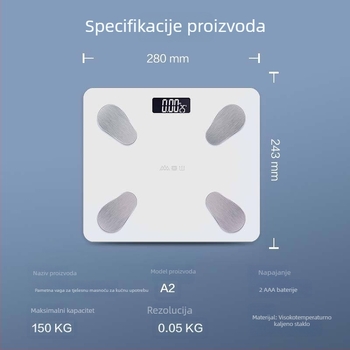 A2 pametna vaga za tjelesnu masnoću s aplikacijom – mjeri težinu, postotak masnoće, kalorije i vlagu