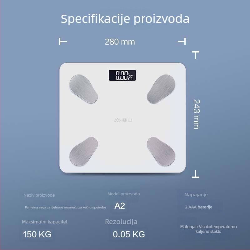 A2 pametna vaga za tjelesnu masnoću s aplikacijom – mjeri težinu, postotak masnoće, kalorije i vlagu