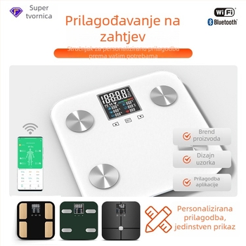 Vaga za tjelesnu masnoću s Bluetoothom, sinkronizacija podataka s aplikacijom, mjeri težinu, tjelesnu masnoću, kalorije i vlagu, maksimalno opterećenje 180 kg, napajanje baterijama