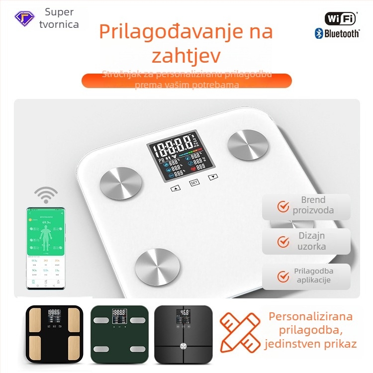 Vaga za tjelesnu masnoću s Bluetoothom, sinkronizacija podataka s aplikacijom, mjeri težinu, tjelesnu masnoću, kalorije i vlagu, maksimalno opterećenje 180 kg, napajanje baterijama