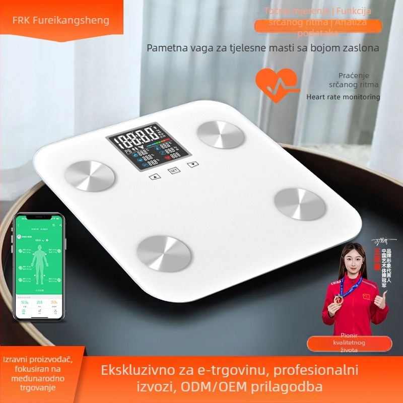 Vaga za tjelesnu masnoću s Bluetoothom, sinkronizacija podataka s aplikacijom, mjeri težinu, tjelesnu masnoću, kalorije i vlagu, maksimalno opterećenje 180 kg, napajanje baterijama
