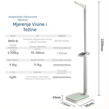 Vaga za masnoću tijela s inteligentnim glasom i ultrazvučnim mjerenjem visine; mjeri težinu, masno tkivo, kalorije i vlagu; do 200 kg; Y&p/yipin