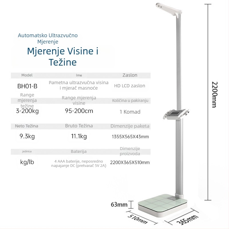 Vaga za masnoću tijela s inteligentnim glasom i ultrazvučnim mjerenjem visine; mjeri težinu, masno tkivo, kalorije i vlagu; do 200 kg; Y&p/yipin