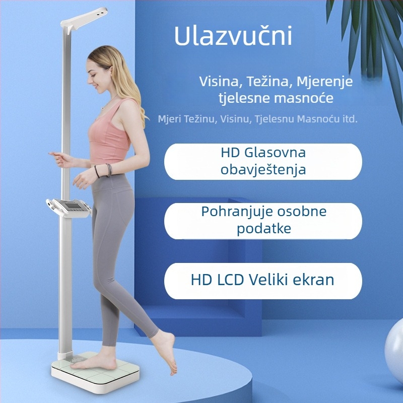 Vaga za masnoću tijela s inteligentnim glasom i ultrazvučnim mjerenjem visine; mjeri težinu, masno tkivo, kalorije i vlagu; do 200 kg; Y&p/yipin