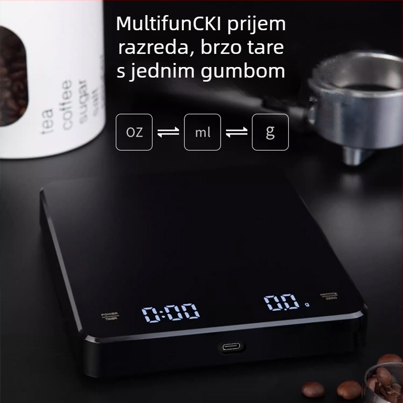 KC-2150C Napajajuća kuhinjska vaga za kavu, raspon 3 kg/0,1 g, elektroničko mjerenje, napajanje USB-om ili AA baterijama, višefunkcionalna kuhinjska vaga