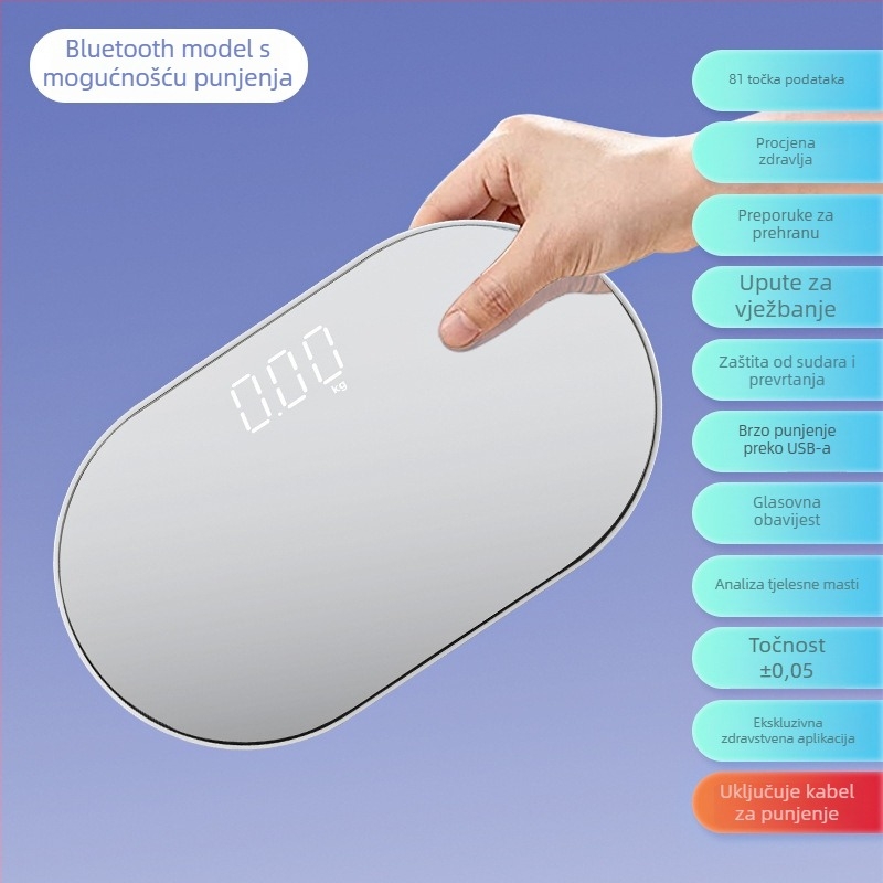 Bluetooth vaga Time Star BF2030 s LED zaslonom, USB punjenjem, mjerenje tjelesne masnoće i vlage, raspon težine 0.2–180 kg