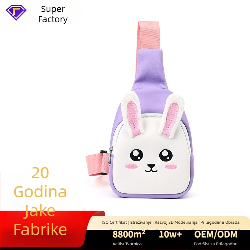 Unisex dječja lagana crossbody torba s motivom zeca, diving materijal, zatvarač, unutarnja džep sa zatvaračem