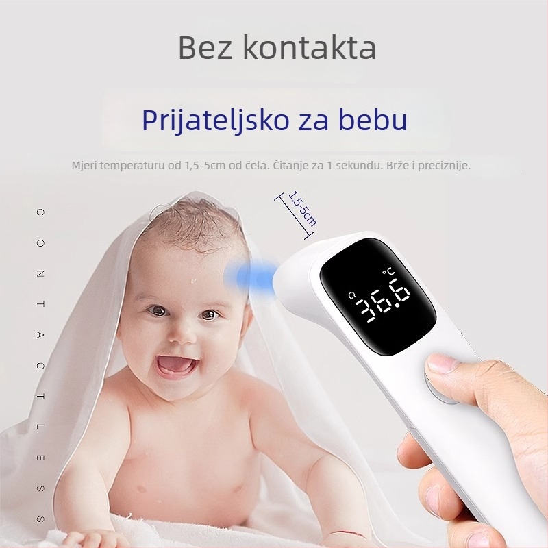 Elektronički termometar za čelo za kućnu upotrebu s medicinskom preciznošću; Marka: Lierdoct/Dr Li; Model: Thermometer baby body temperature gun for infants and young children; Baterija: 2 AAA; Težina: 44 g; Pogodan za odrasle, djecu i bebe