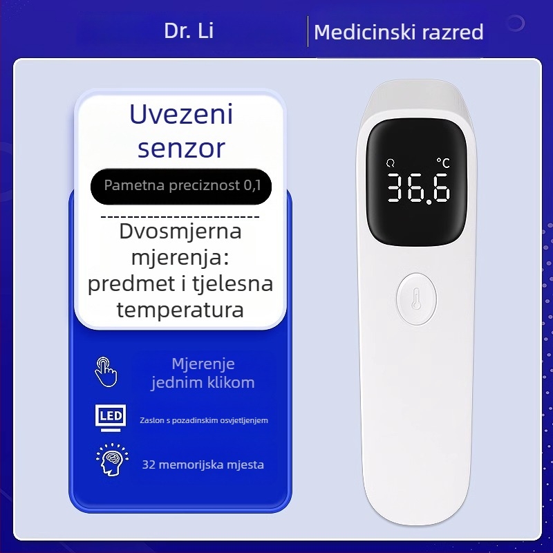 Elektronički termometar za čelo za kućnu upotrebu s medicinskom preciznošću; Marka: Lierdoct/Dr Li; Model: Thermometer baby body temperature gun for infants and young children; Baterija: 2 AAA; Težina: 44 g; Pogodan za odrasle, djecu i bebe