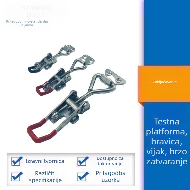 304 nehrđajući čelik – prilagodljiva zaključavajuća spojka s lokatorom, vijak tip; modeli KL4001/KL4002/KL4003; marka Nahui hardware; primjena: brodogradnja, strojarski uređaji, željeznički sustavi, drvene i metalne kutije; proizvodnja: utiskivanje; završn