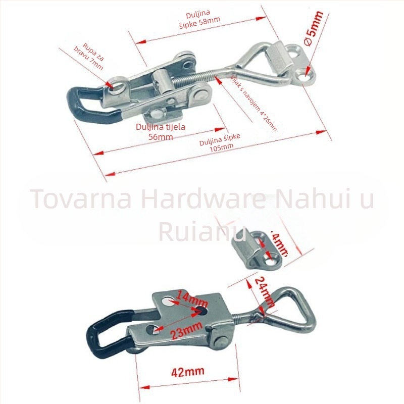 304 nehrđajući čelik – prilagodljiva zaključavajuća spojka s lokatorom, vijak tip; modeli KL4001/KL4002/KL4003; marka Nahui hardware; primjena: brodogradnja, strojarski uređaji, željeznički sustavi, drvene i metalne kutije; proizvodnja: utiskivanje; završn