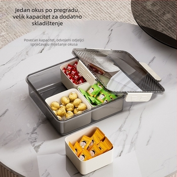 Plastična kutija za skladištenje hrane s poklopcem i pregradama — jednostavan dizajn, podijeljena unutrašnjost, pogodno za voće, grickalice i suho voće