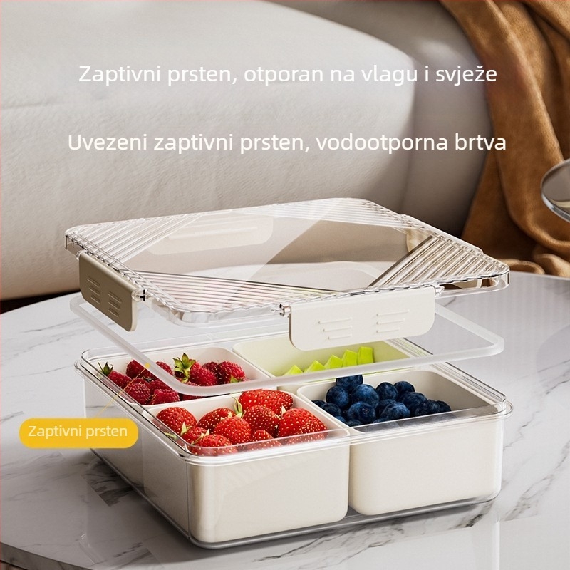 Plastična kutija za skladištenje hrane s poklopcem i pregradama — jednostavan dizajn, podijeljena unutrašnjost, pogodno za voće, grickalice i suho voće