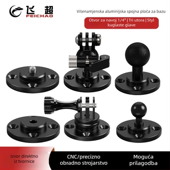 Držač flange za GoPro s 1/4-inč kuglastom glavom — aluminijski spoj, zidni ili stolni montaža, nosivost 2-5 kg.
