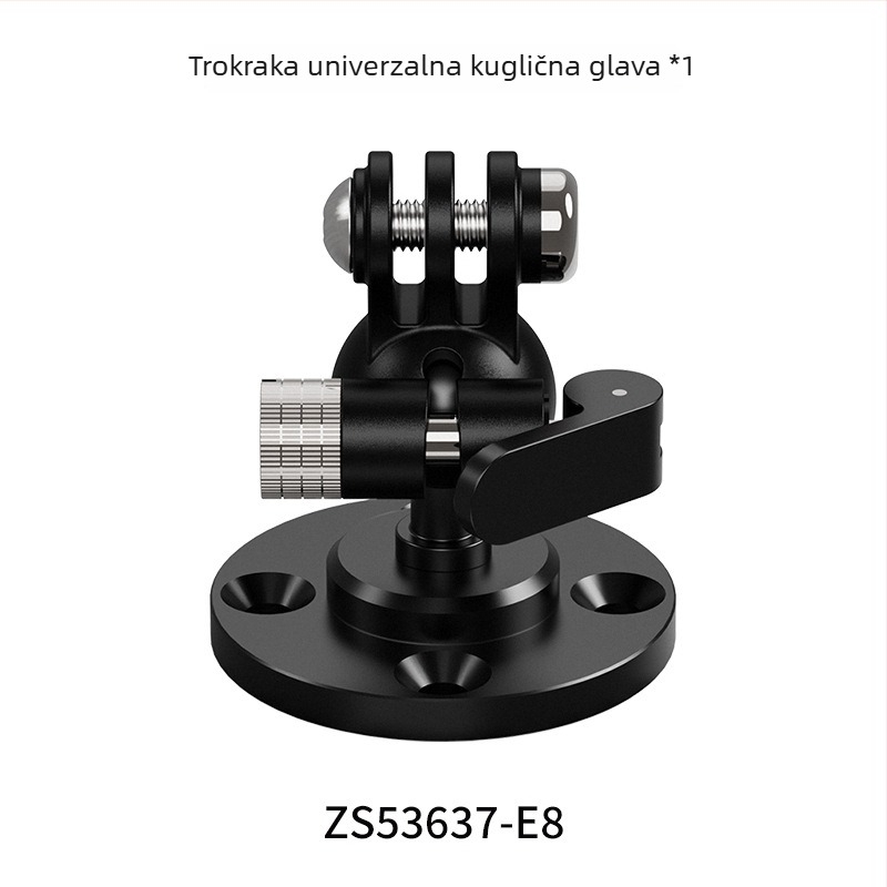Držač flange za GoPro s 1/4-inč kuglastom glavom — aluminijski spoj, zidni ili stolni montaža, nosivost 2-5 kg.