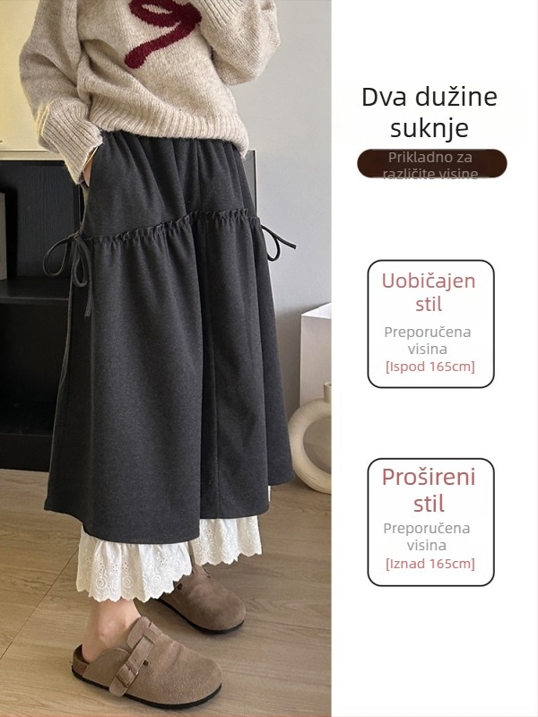 Ženska suknja od vunenog tweeda s čipkom, visokim pojasom, A-linija, duga suknja, jesen-zima 2025