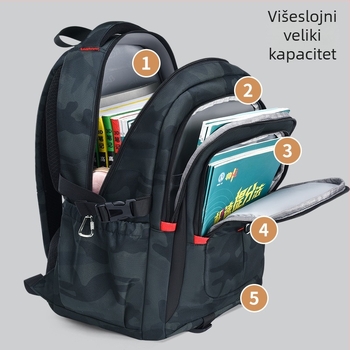 Kamuflažni školski ruksak za učenike, unisex, velik kapacitet, lagan, podrška kralježnice, reflektirajući elementi, gradski stil, Oxford platno