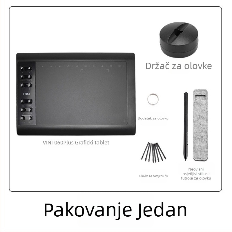 Wencai VIN1060PLUS digitalna grafička ploča s pasivnim olovkom, 16384 razine tlaka, kompatibilna s računalom i mobitelom, ABS kućište