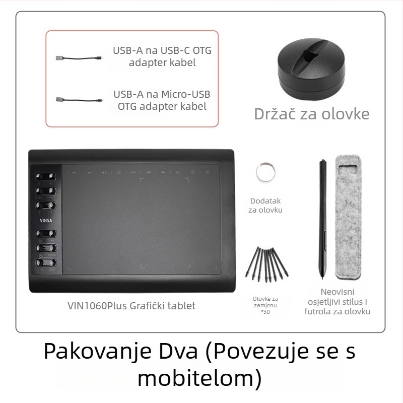 Wencai VIN1060PLUS digitalna grafička ploča s pasivnim olovkom, 16384 razine tlaka, kompatibilna s računalom i mobitelom, ABS kućište