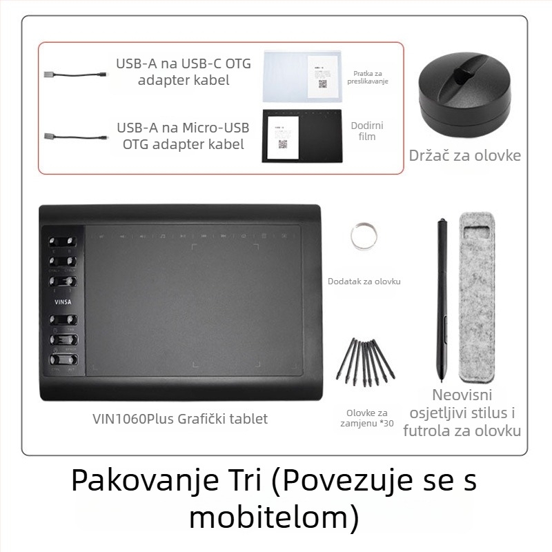 Wencai VIN1060PLUS digitalna grafička ploča s pasivnim olovkom, 16384 razine tlaka, kompatibilna s računalom i mobitelom, ABS kućište