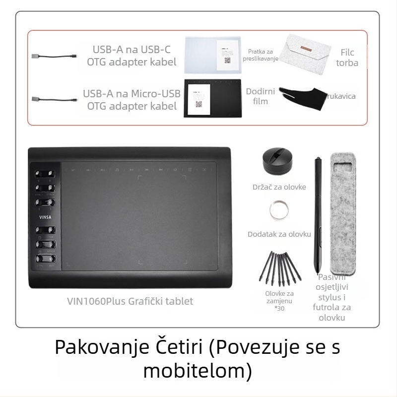 Wencai VIN1060PLUS digitalna grafička ploča s pasivnim olovkom, 16384 razine tlaka, kompatibilna s računalom i mobitelom, ABS kućište