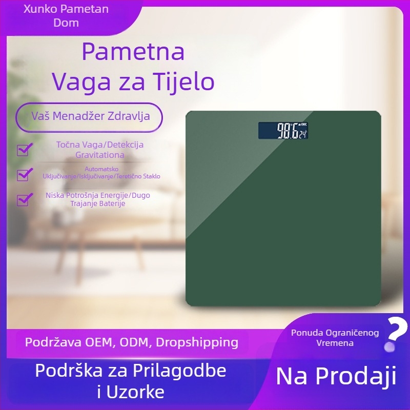 Xunke vaga za tjelesnu težinu za odrasle — punjiva elektronička vaga, kapacitet 180 kg, napajanje USB/baterija, jednostavan dizajn