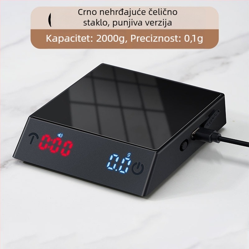 JH-C400 Mini Pametna vaga za kavu — Elektroničko mjerenje, Kapacitet 2000 g, Ugrađena punjiva baterija, Kućište od plastike i stakla