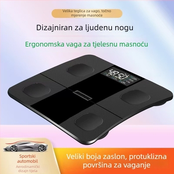 Vaga za tjelesnu masnoću s ergonomskim dizajnom za stopala (SZM001, LED zaslon, zaslon 70×34 mm, raspon vaganja 5–180 kg, kaljeno staklo)
