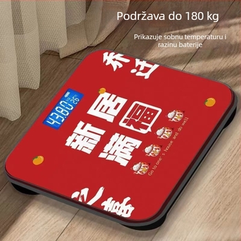 Digitalna vaga za tjelesnu težinu s kaljenim staklom, kapacitet od 0,00-180,00 kg, napajanje putem USB-a ili baterija, te prikazom niskog napona, preopterećenja i pogreške.