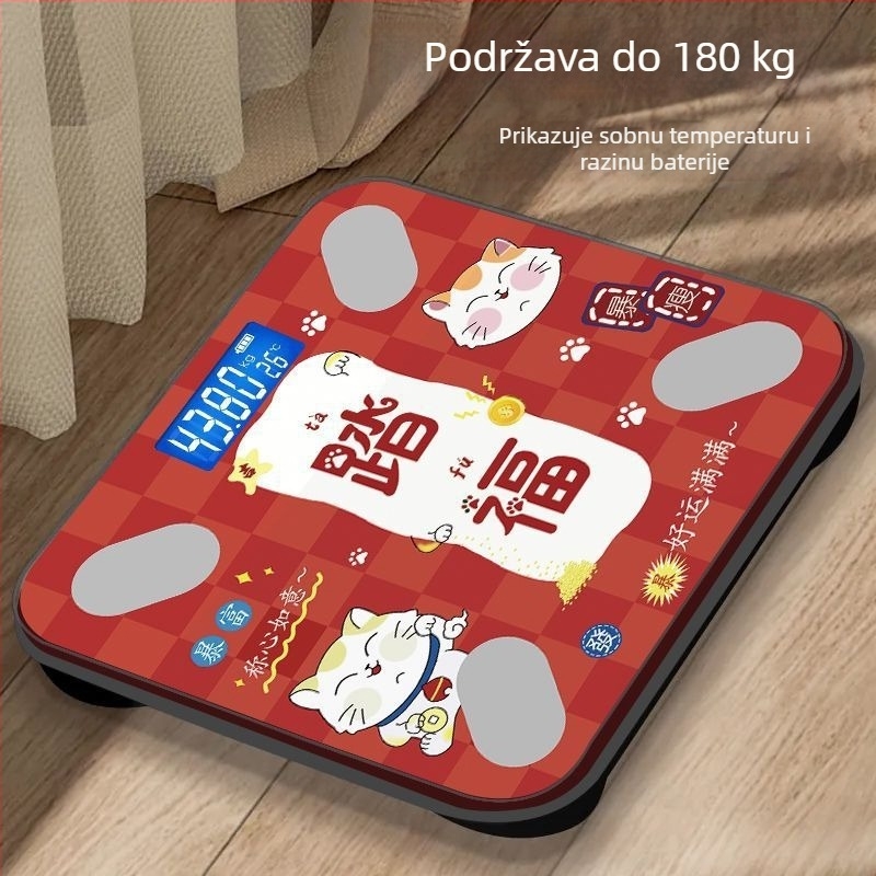 Digitalna vaga za tjelesnu težinu s kaljenim staklom, kapacitet od 0,00-180,00 kg, napajanje putem USB-a ili baterija, te prikazom niskog napona, preopterećenja i pogreške.