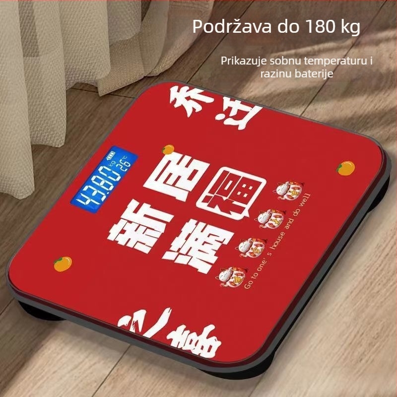 Digitalna vaga za tjelesnu težinu s kaljenim staklom, kapacitet od 0,00-180,00 kg, napajanje putem USB-a ili baterija, te prikazom niskog napona, preopterećenja i pogreške.