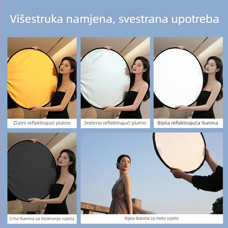 Prijenosni kružni reflektor za fotografiju, 5-u-1, sklopivi, magnezijeva legura, nosivost 2–5 kg, težina 0.1 kg