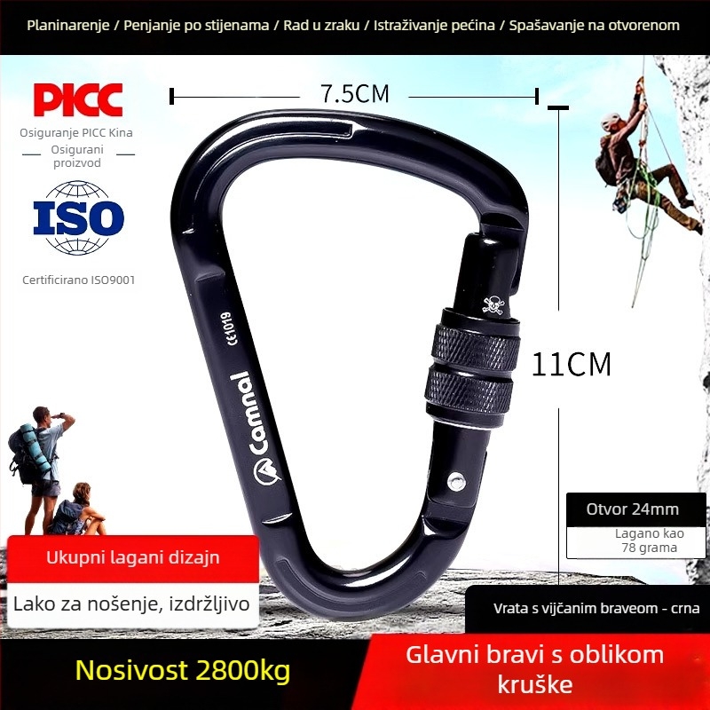 Canle aluminijski karabiner kruškolikog oblika, vijčano zaključavanje, nosivost 2800N, sigurnosni karabiner za planinarenje na otvorenom