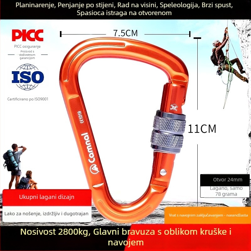 Canle aluminijski karabiner kruškolikog oblika, vijčano zaključavanje, nosivost 2800N, sigurnosni karabiner za planinarenje na otvorenom