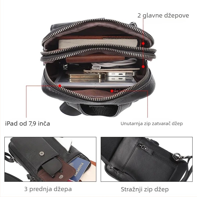 Muška kožna chest bag, gradski minimalistički stil, otporna na habanje, velika kapaciteta, crossbody torba