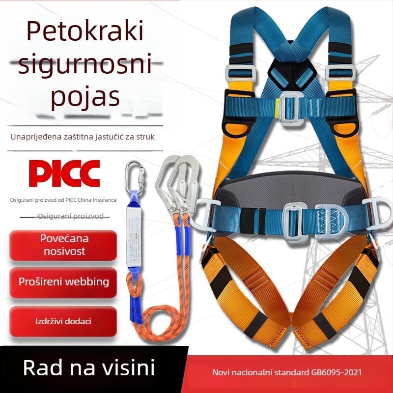 Sigurnosni pojas s pet točaka za rad na visini, s dvostrukim kukama za elektrikara i sigurnosnim užetom, komplet zaštite od pada
