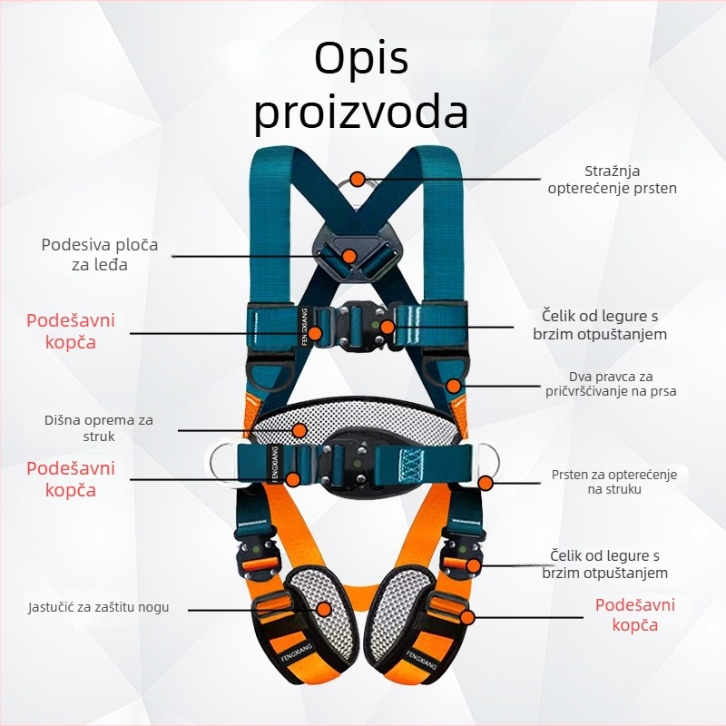 Petočlani sigurnosni pojas za rad na visinama – brzo otpuštajuće dvostruke kopče, nosivost 22 kN, GB6095-2021, poliester pojas i užad