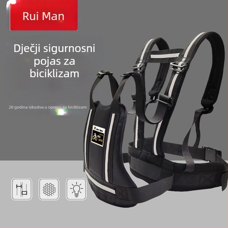 Ljetni prozračni dječji sigurnosni postroj za bicikl s dvostrukim ramenskim remenima, podesivim sigurnosnim užetom i poliester trakom