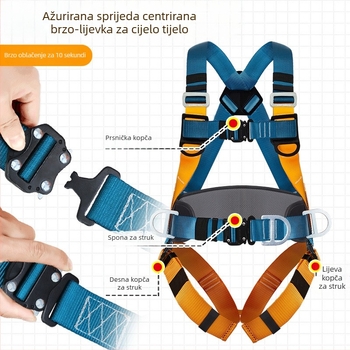 Puni tjelesni pet-točkovni sigurnosni pojas s 3 m užetom, nosivost 100 kg; materijal pojasa i užeta: poliester i legirano čelik.