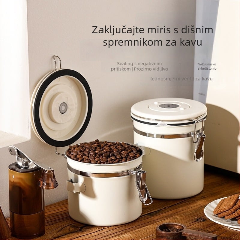 Nehrđajući čelični spremnik za zrna kave, zapremina 1–2 L, okrugli, moderan i jednostavan stil, mikrovalna pećnica nije pogodna