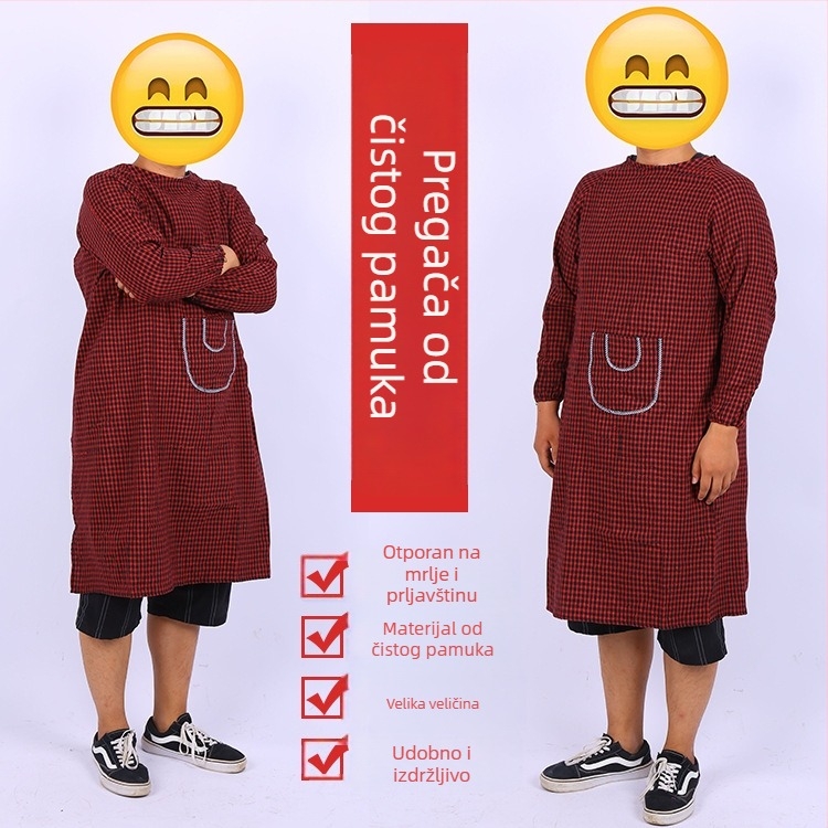 Unisex kuhinjski smock s dugim rukavima, karirana pamuk, debeli, ekstra velika veličina, otporan na ulje, pamuk-lan