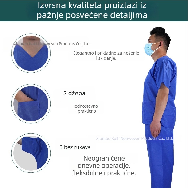 Jednokratna izolacijska haljina za pacijente, SMS netkani materijal, vodootporna i otporna na prašinu, kratki rukavi, dvodijelni set
