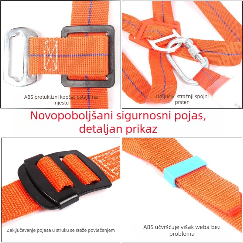 Peto-točkovni sigurnosni pojas za rad na visini na otvorenom, nosivost 22 kN, polipropilenski pojas, sigurnosno uže visoke čvrstoće od žičanog užeta, različite duljine užeta