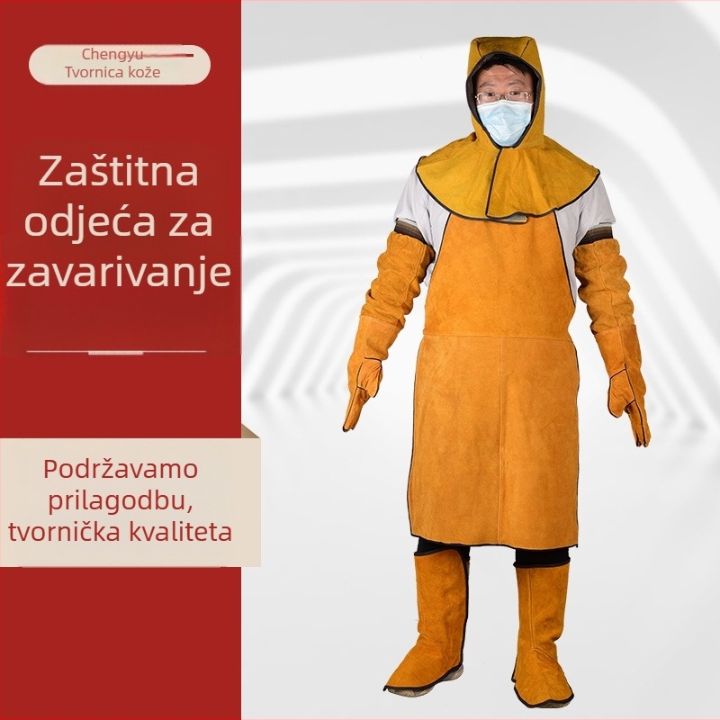 Zaštitno odijelo za zavarivanje od goveđe kože, četverodijelni komplet za cijelo tijelo, rukavice za zavarivanje, pregača, zaštitne navlake za stopala i rukave.