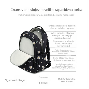 Unisex školska torba 20–35L od poliestera, pretinac za 14'' laptop, naramenice s zračnim jastučićima, prozračna i vodootporna, cvjetni uzorak