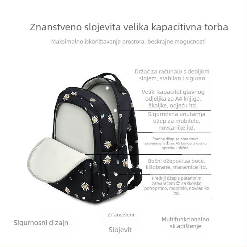 Unisex školska torba 20–35L od poliestera, pretinac za 14'' laptop, naramenice s zračnim jastučićima, prozračna i vodootporna, cvjetni uzorak