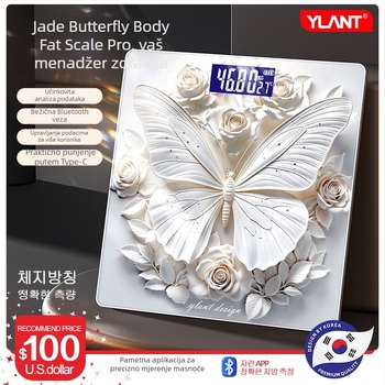 Vaga za tjelesnu masnoću s 3D dizajnom leptira, 180 kg nosivost, ABS kućište, bežični domet 5 m, napajanje 220V, mjerenje tjelesne masti i tjelesne vode