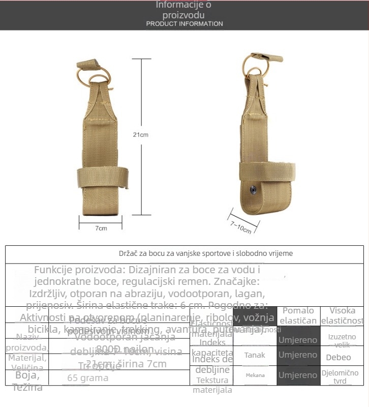 Taktička MOLLE torbica za bocu, lagana i izdržljiva, Oxford materijal, veličina 7×21 cm, unisex, moguć tisak logotipa