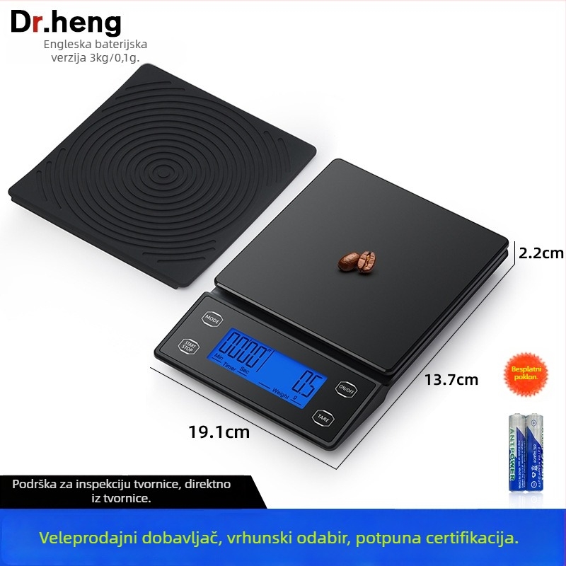 Elektronička vaga za kavu s automatskim mjerenjem vremena, model DH-8701, nosivost 5 kg, dimenzije 19×13.2×2.2 cm, napajanje 2xAAA